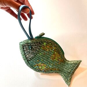 Straw and Sequined Fish-Shaped Wristlet